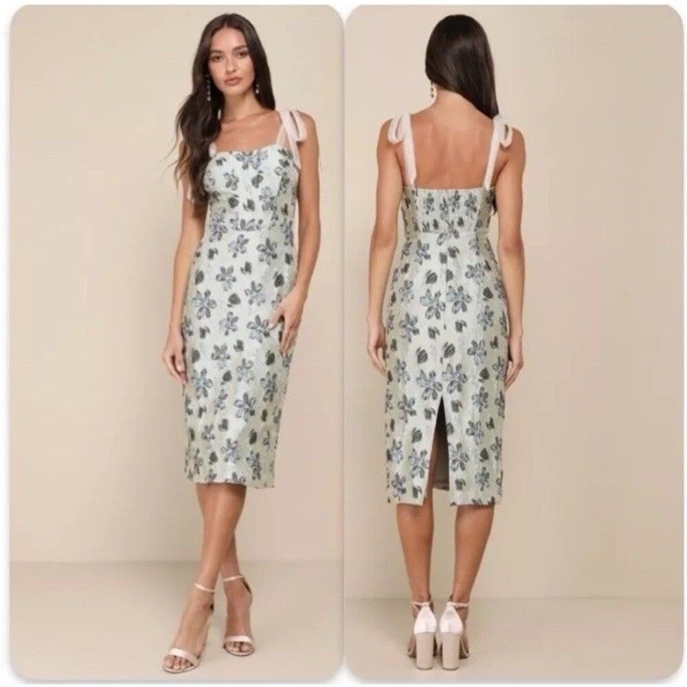 Lulus NWOT Lovely Darling Sage Green Floral Jacquard Tie-Strap Midi Dress XL